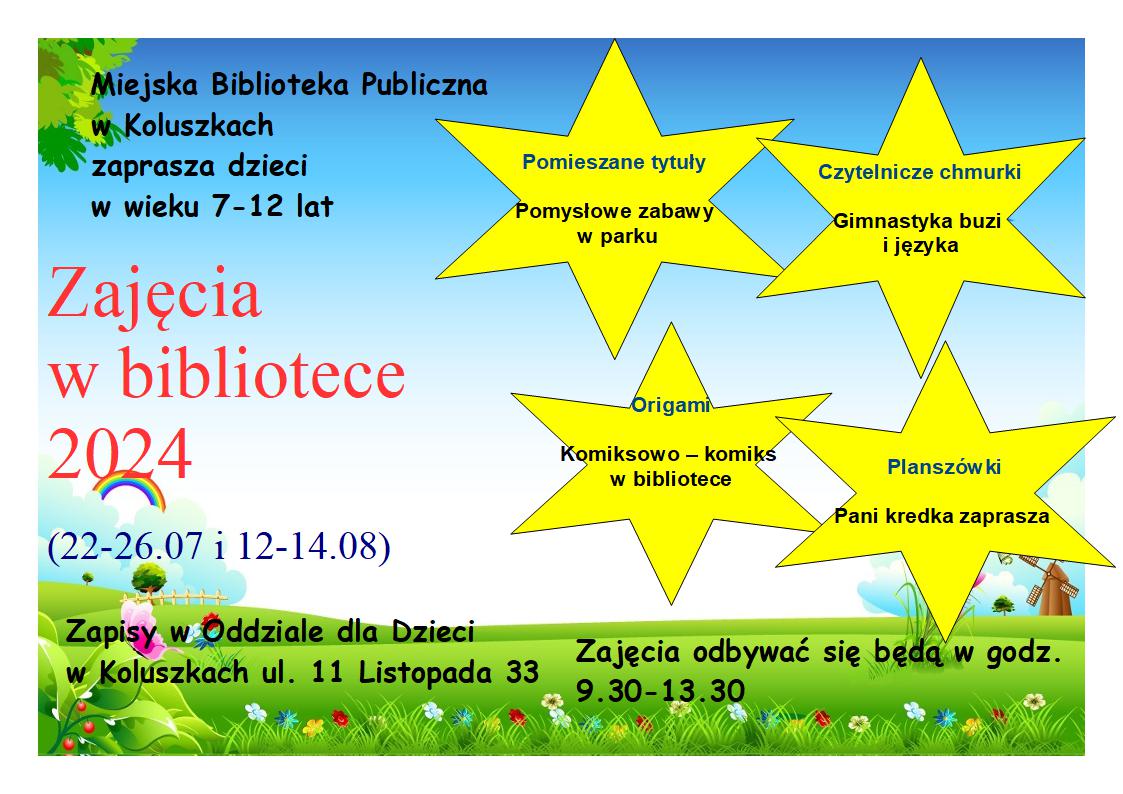 Plakat z informacjami o zajęciach w bibliotece