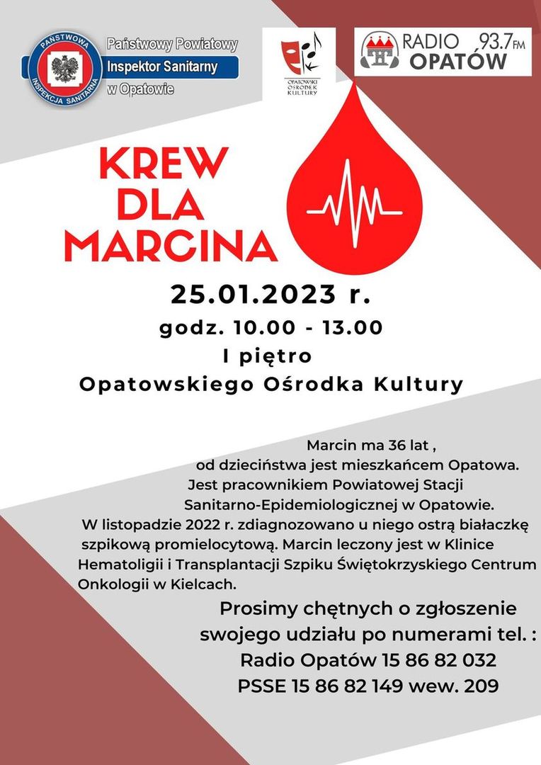 Zbiórka krwi dla Marcina Skrzypczaka w Opatowskim Ośrodku Kultury

 