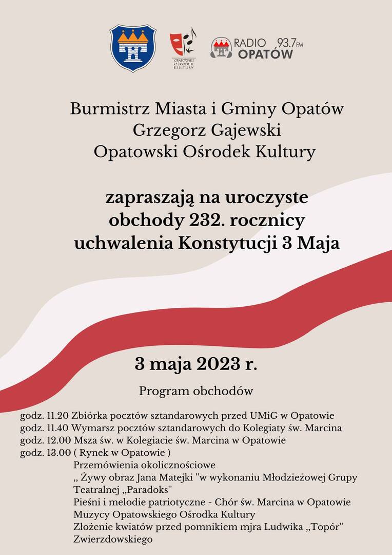 Plakat - Obchody Święta Konstytucji 3 Maja w Opatowie 2023 r.