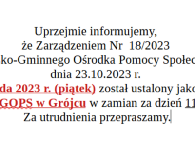 Dzień wolny od pracy w MGOPS w Grójcu