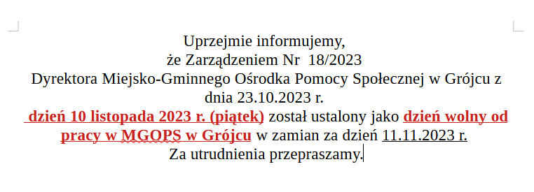 Dzień wolny od pracy w MGOPS w Grójcu