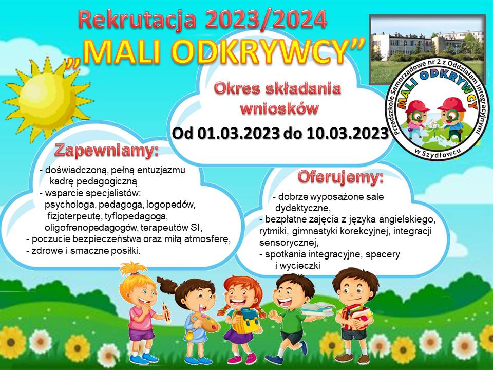 Plakat informacyjny, część 1 -  Przedszkole Samorządowe nr 2 z Oddziałami Integracyjnymi w Szydłowcu Mali Odkrywcy - treść w artykule