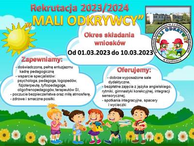 Plakat informacyjny, część 1 -  Przedszkole Samorządowe nr 2 z Oddziałami Integracyjnymi w Szydłowcu Mali Odkrywcy - treść w artykule