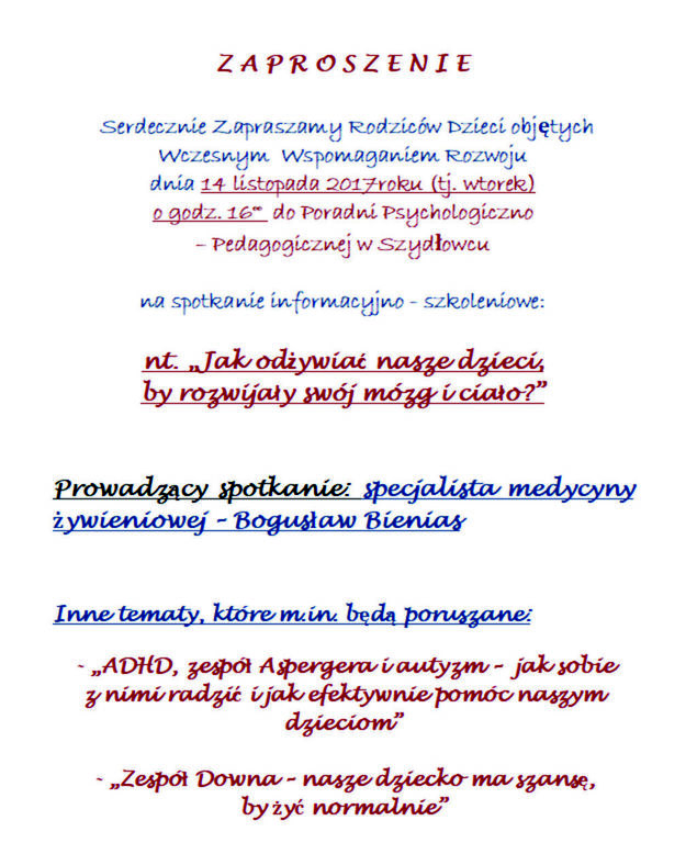 Zapraszamy Rodziców Dzieci objętych Wczesnym Wspomaganiem Rozwoju 