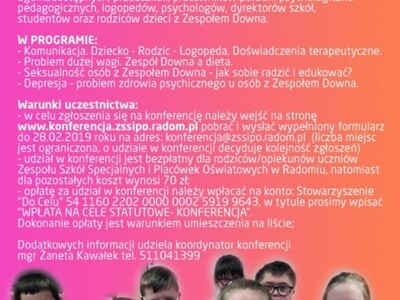 Konferencja naukowo-szkoleniowa "DOTKNĄĆ ZESPÓŁ DOWNA" dla rodziców,dyrektorów szkół i placówek, nauczycieli, psychologów, pedagogów, logopedów.