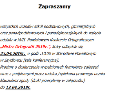 XVII  Powiatowy Konkurs Ortograficzny „Mistrz Ortografii 2019 r.”