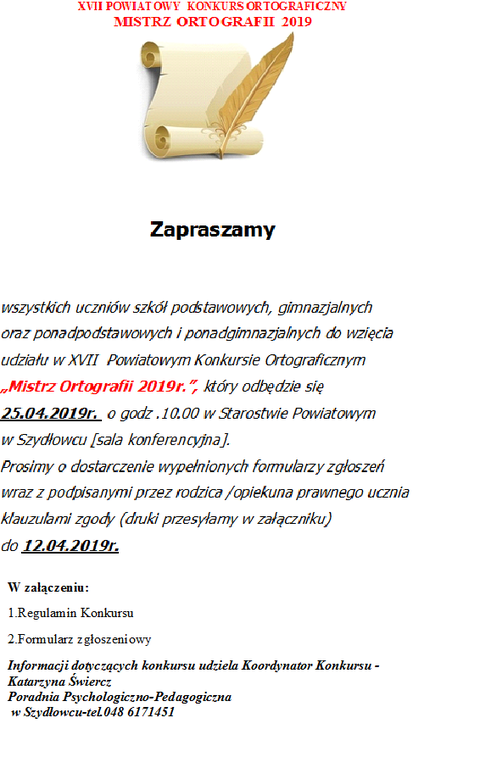 XVII  Powiatowy Konkurs Ortograficzny „Mistrz Ortografii 2019 r.”