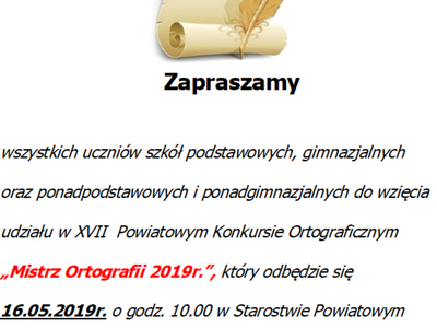 Nowy termin XVIII Powiatowego Konkursu Ortograficznego "Mistrz Ortografii 2019" - 16.05.2019 r. godz. 10.00