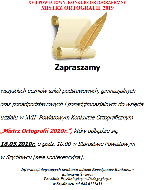 Nowy termin XVIII Powiatowego Konkursu Ortograficznego "Mistrz Ortografii 2019" - 16.05.2019 r. godz. 10.00