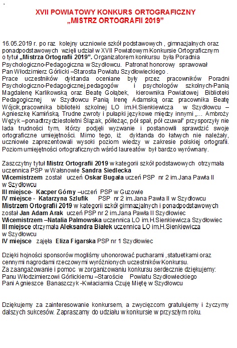 XVII POWIATOWY KONKURS ORTOGRAFICZNY „MISTRZ ORTOGRAFII 2019”