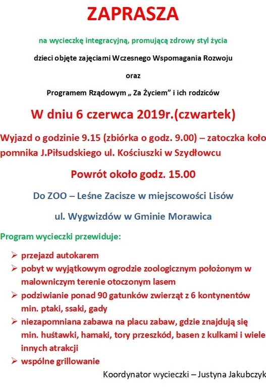 Nowy termin wycieczki integracyjnej dla dzieci  objetych WWR oraz Programem  Rządowym "Za życiem" i ich rodziców