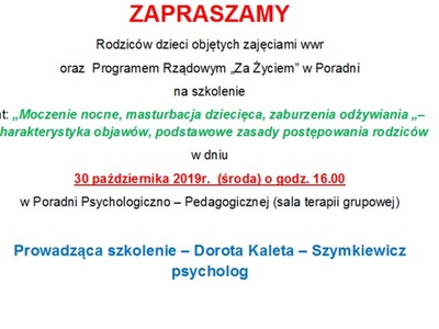 Zaproszenie dla  rodziców dzieci objętych zajęciami WWR oraz  Programem Rządowym „Za Życiem” w Poradni  na szkolenie 