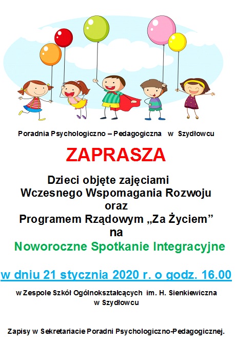 Zaproszenie na Noworoczne Spotkanie Integracyjne dzieci objęte zajęciami WWR oraz Programem Rządowym "Za życiem".