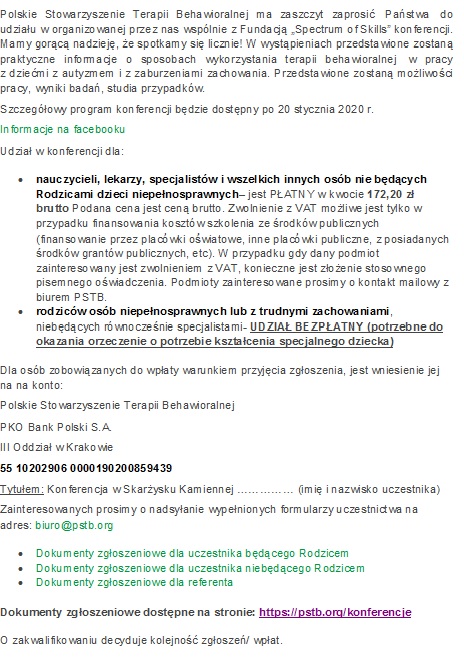 Konferencja w Skarżysku- Kamiennej: „Autyzm…Trudności  w zachowaniu… Problemy w uczeniu…. Jest rozwiązanie: nazywa się SAZ!”, w dniach 15-16.02.2020r.