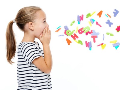 Dziewczynka zasłania twarz rękami - po prawej rozsypane litery - obraz symbolizujący wykrzykiwanie liter przez dziecko