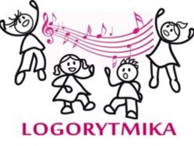 Napis Logarytmika - rysunek dzieci tańczących w okół pięciolini z nutami