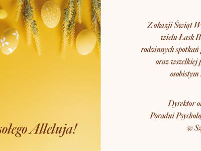 Wesołych świąt Z okazji Świąt Wielkanocnych życzymy wiciu Łask Bożych, pogodnych, rodzinnych spotkań przy wielkanocnym stole oraz wszelkiej pomyślności w życiu osobistym i zawodowym. Dyrektor oraz Pracownicy Poradni Psychologiczno-Pedagogicznej w Szydłowcu