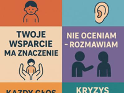 Plakat - Nie zostawiaj nas samych, Słuchaj zanim będzie za późno, Twoje wsparcie ma znaczenie, Nie oceniam - rozmawiam, Każdy głos się liczy, Kryzys nie pyta - reaguj