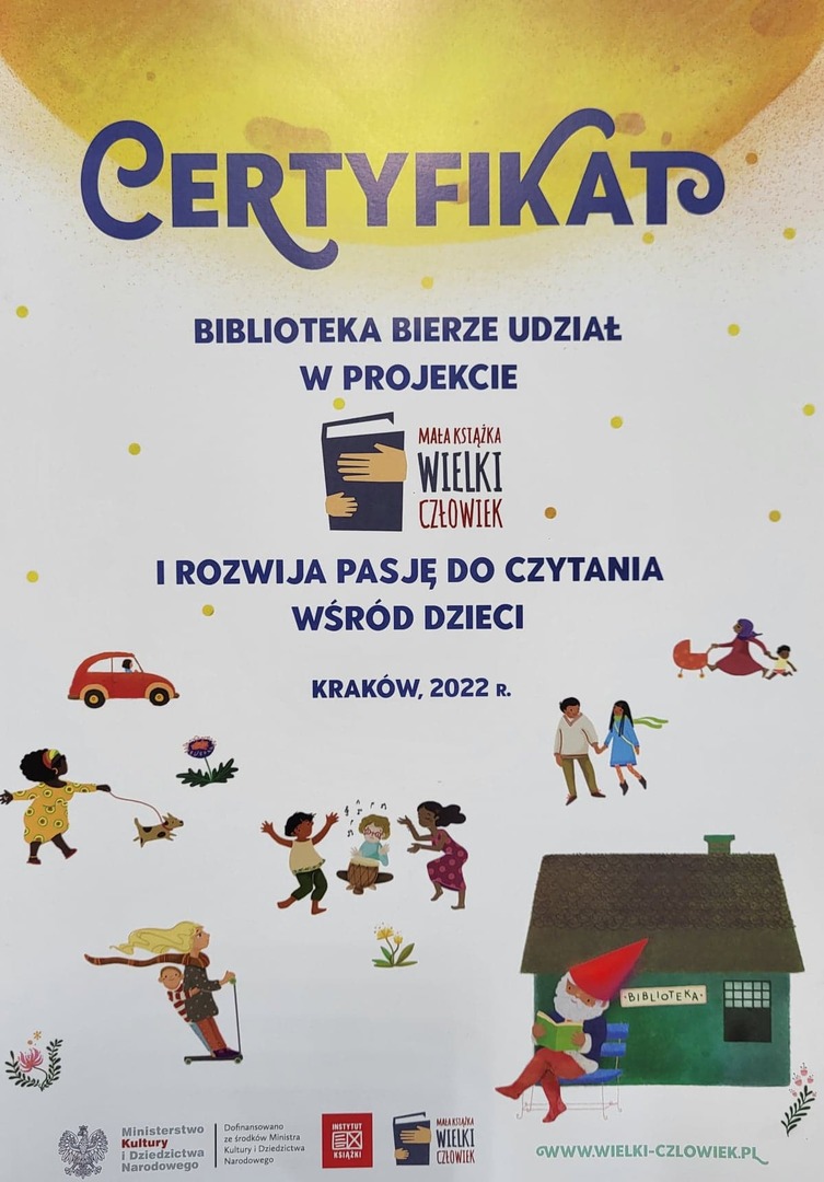 Zdjęcie przedstawia certyfikat z udziału w projekcie Mała Książka Wielki Człowiek [1199x1720]