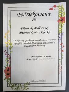 Na zdjęciu znajdują się podziękowania za przeprowadzane zajęcia dla dzieci.