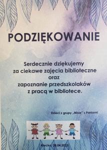 Na zdjęciu znajduje się podziękowanie dla biblioteki.