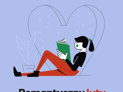 Na plakacie znajduje się tekst „Romantyczny luty”. Grafika przedstawia dziewczynkę czytającą książkę, w tle serce.