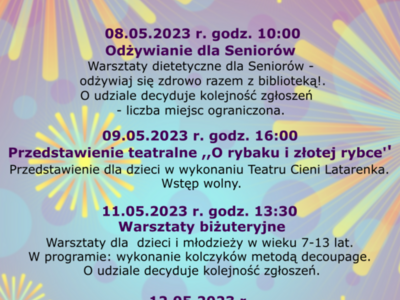 Plakat przedstawia plan Maratonu Bibliotecznego VII organizowanego z okazji XX Ogólnopolskiego Tygodnia Bibliotek.