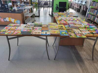 Na zdjęciu znajdują się książki na stołach. W tle księgozbiór biblioteki.