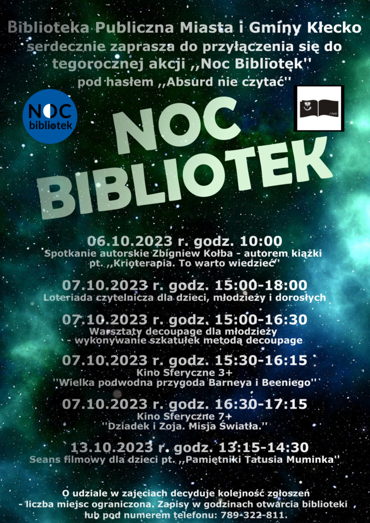 „Biblioteka Publiczna Miasta Gminy Kłecko serdecznie zaprasza do przyłączenia się do tegorocznej akcji „Noc Bibliotek&quot; 