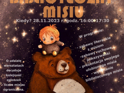 Na plakacie znajduje się pluszowy miś z chłopcem. Biblioteka Publiczna Miasta i Gminy Kłecko serdecznie zaprasza na warsztaty literacko-plastyczne.