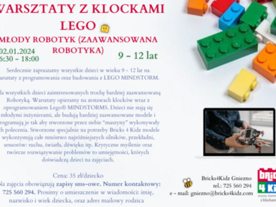 Na plakacie znajduje się informacja o warsztatach z klockami lego. 02.01.2024 r. Na plakacie znajdują się klocki.