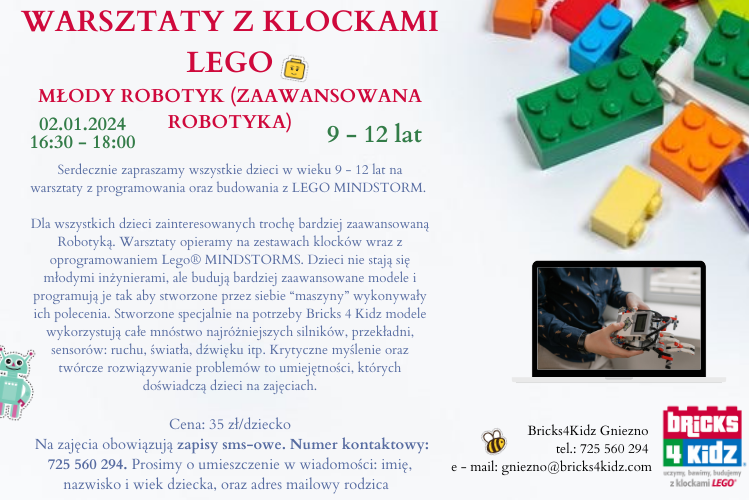 Na plakacie znajduje się informacja o warsztatach z klockami lego. 02.01.2024 r. Na plakacie znajdują się klocki.