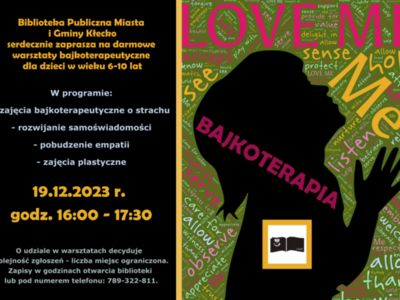 Na plakacie znajduje się dziecko. Biblioteka Publiczna Miasta Gminy Kłecko serdecznie zaprasza na darmowe warsztaty bajkoterapeutyczne dla dzieci