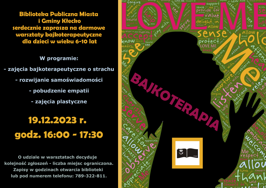 Na plakacie znajduje się dziecko. Biblioteka Publiczna Miasta Gminy Kłecko serdecznie zaprasza na darmowe warsztaty bajkoterapeutyczne dla dzieci 