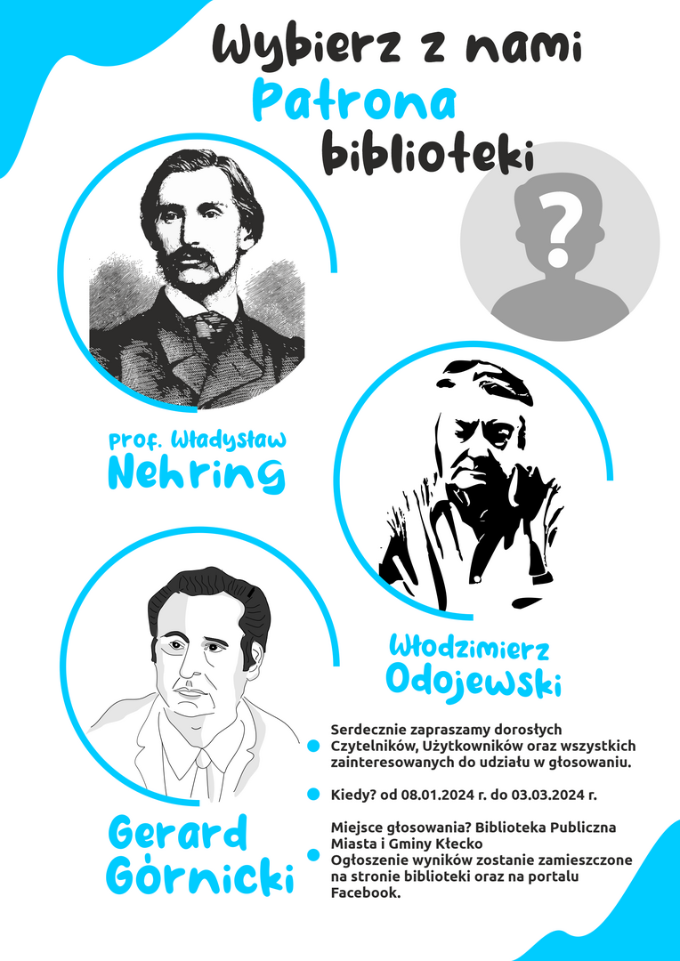 Na plakacie znajduję się informacja odnoście wyboru patrona biblioteki.