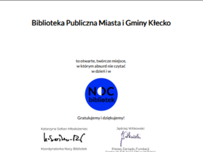 Na zdjęciu znajduje się certyfikat udziału w akcji ,,Noc bibliotek''.