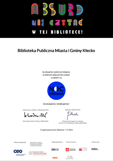 Na zdjęciu znajduje się certyfikat udziału w akcji ,,Noc bibliotek''.