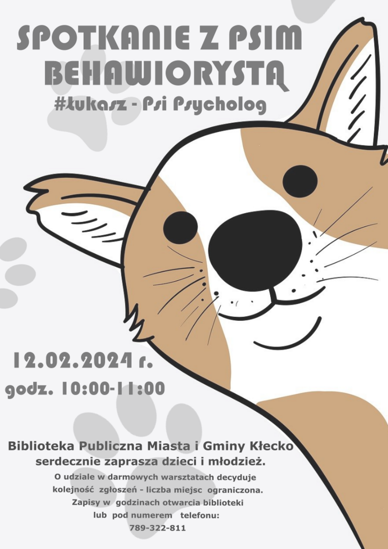 Na plakacie znajduje się pies. SPOTKANIE z PSIM BEHAWIORYSTĄ #tukasz Psi Psycholog 