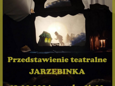 Na zdjęciu znajduje się plakat przedstawienia teatralnego. W tle teatrzyk.