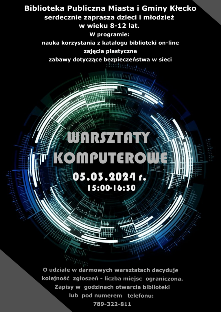 Plakat zapraszający na warsztaty komputerowe