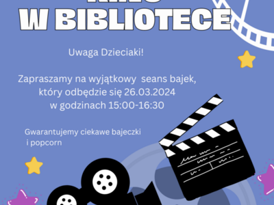 Plakat informujący o seansie bajek, który odbędzie się w bibliotece 23.02.2024.
