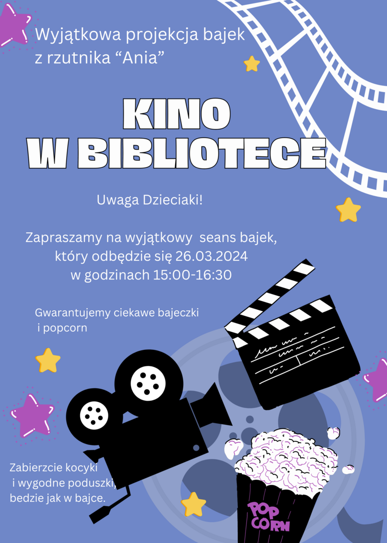 Plakat informujący o seansie bajek, który odbędzie się w bibliotece 23.02.2024.
