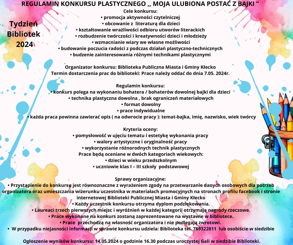 Zdjęcie przedstawia plakat informujący o konkursie plastycznym organizowanym przez bibliotekę.