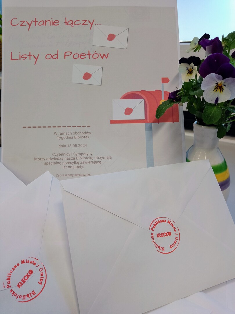 Zdjęcie przedstawia plakat w ramach Ogólnopolskiego Tygodnia Bibliotek Listy od Poetów