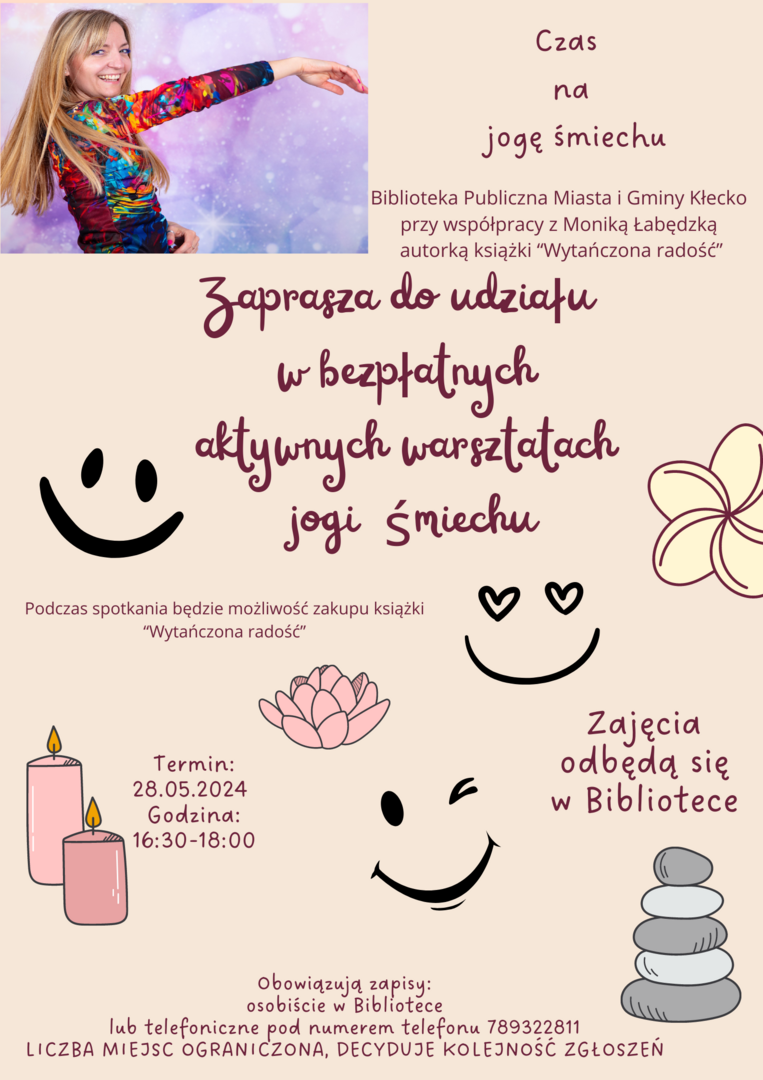 Zdjęcie przedstawia plakat informujący o zajęciach jogi śmiechu, które odbędą się w siedzibie biblioteki 28.05.2024 o godzinie  16.30.