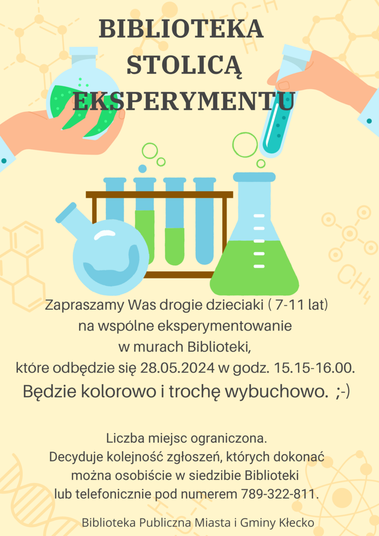 Zdjęcie przedstawia plakat, zaproszenie na warsztaty eksperymentu dla dzieci