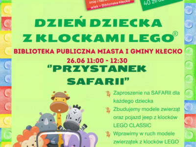 Plakat przedstawiający propozycję warsztatów z klockami Lego dla dzieci