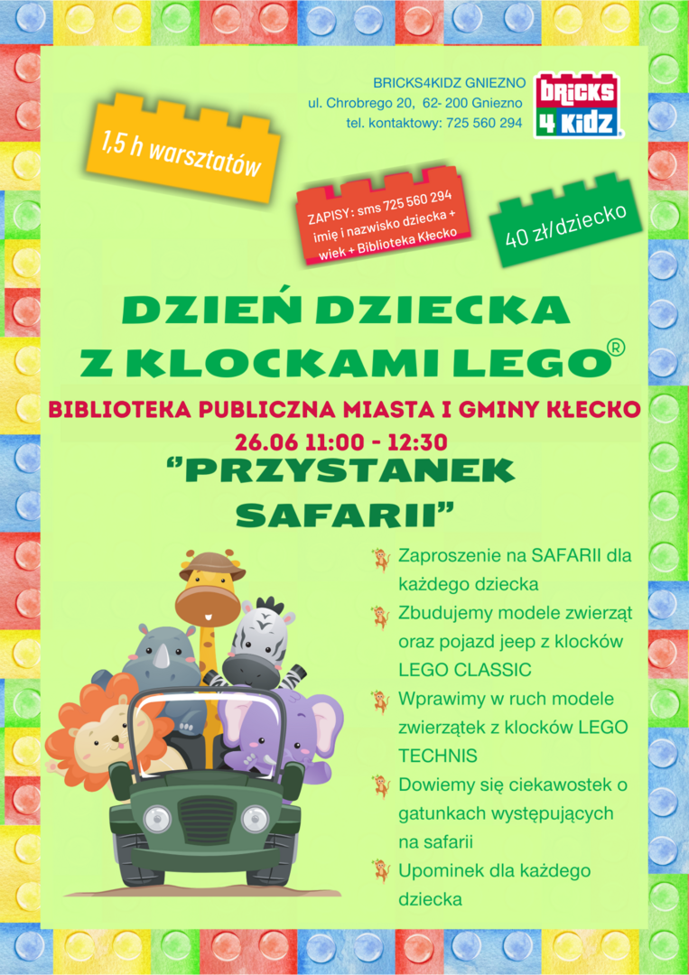 Plakat przedstawiający propozycję warsztatów z klockami Lego dla dzieci