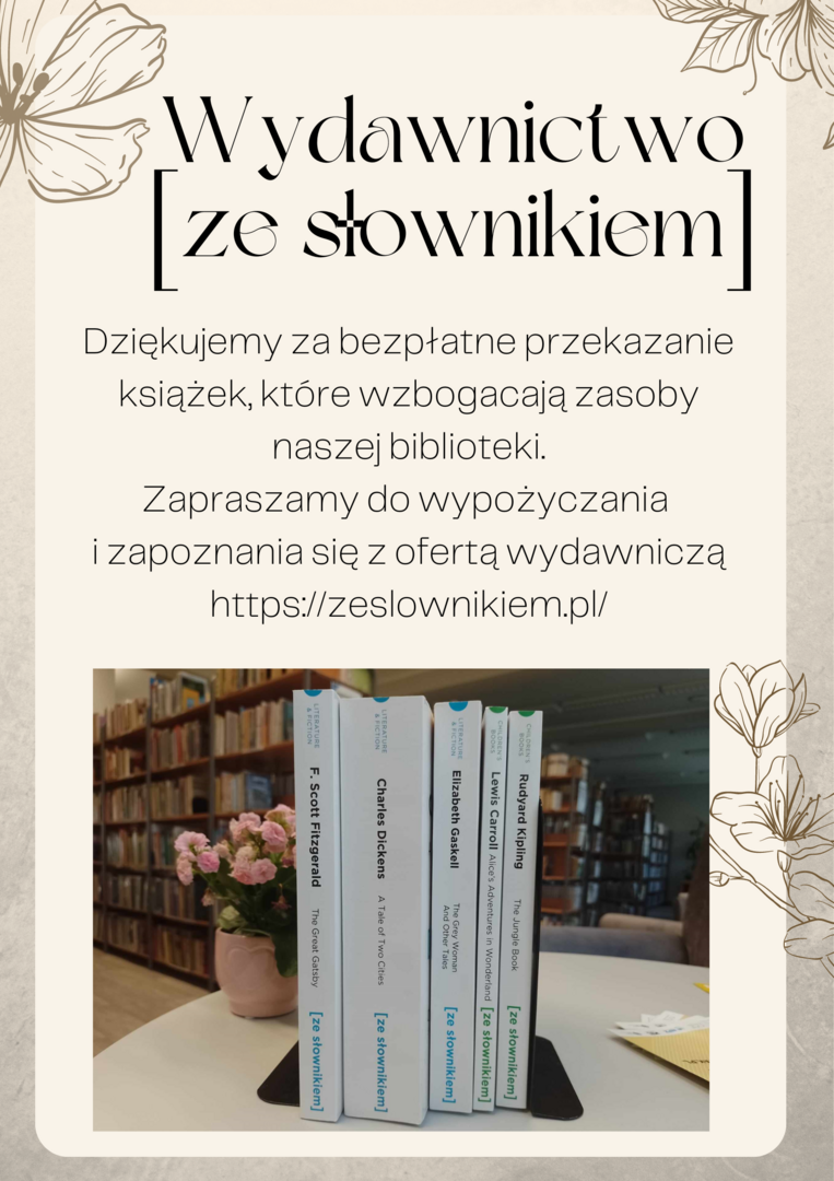 Zdjęcie przedstawia plakat informujący o wzbogaceniu oferty biblioteki o książki angielskojęzyczne