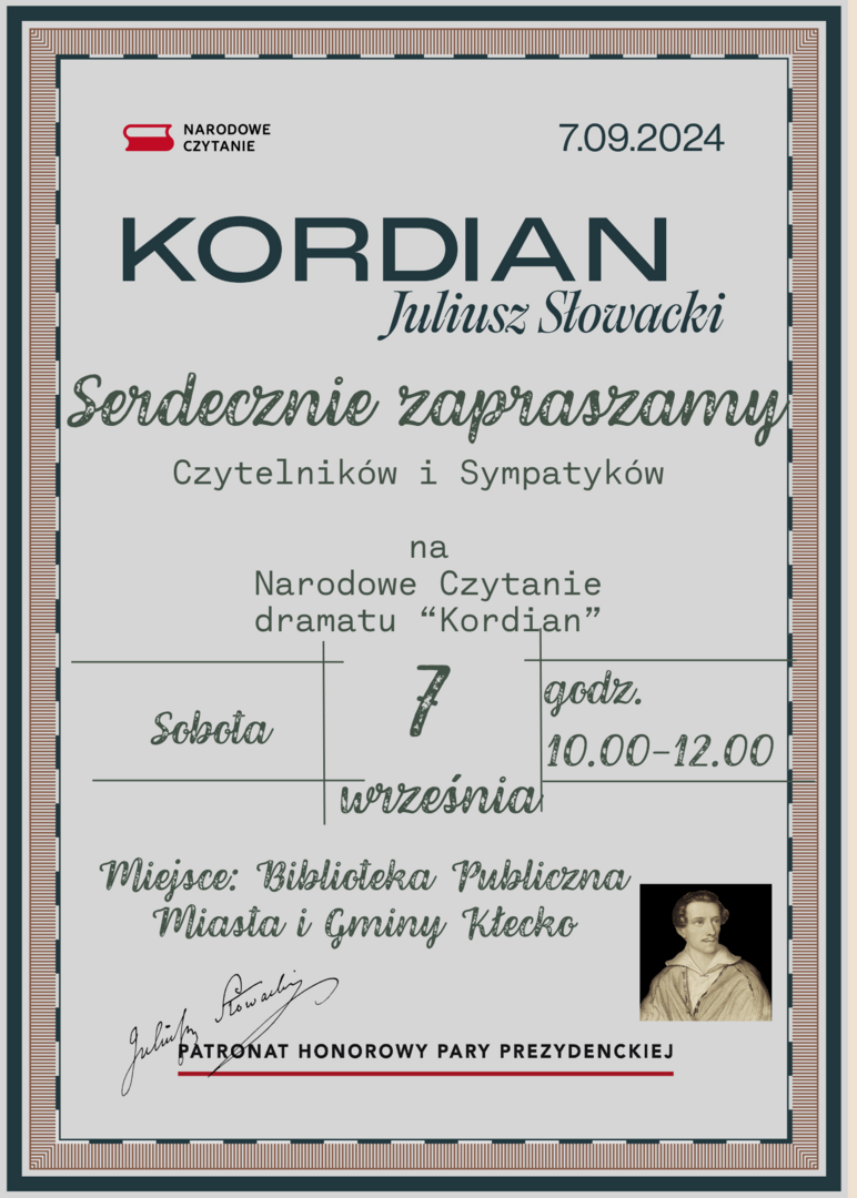 Na zdjęciu znajduje się plakat będącym zaproszeniem na Narodowe Czytanie, które odbędzie się w Bibliotece dnia 7.09.2024 w godzinach 10:00-12:00